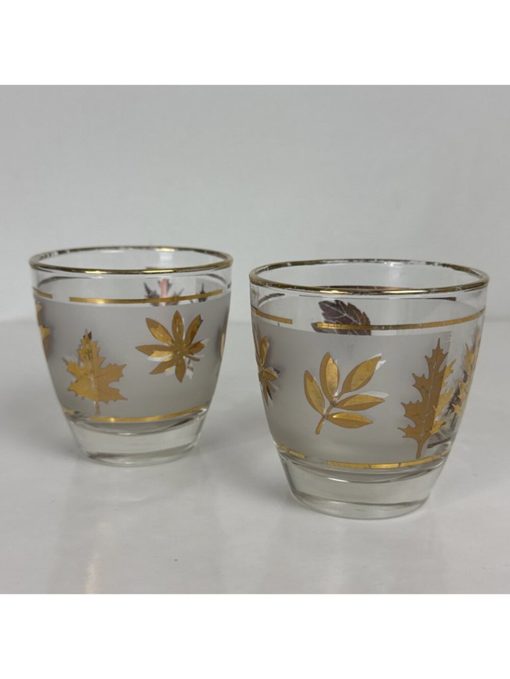 (2) Vtg Libby Frosted Cocktail Glasses Gold Autumn Leaf Foliage MCM bar dining